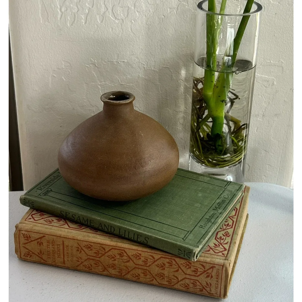 Handmade Vase Clay Brown Round Flat 1989 Signed MKS Vintage